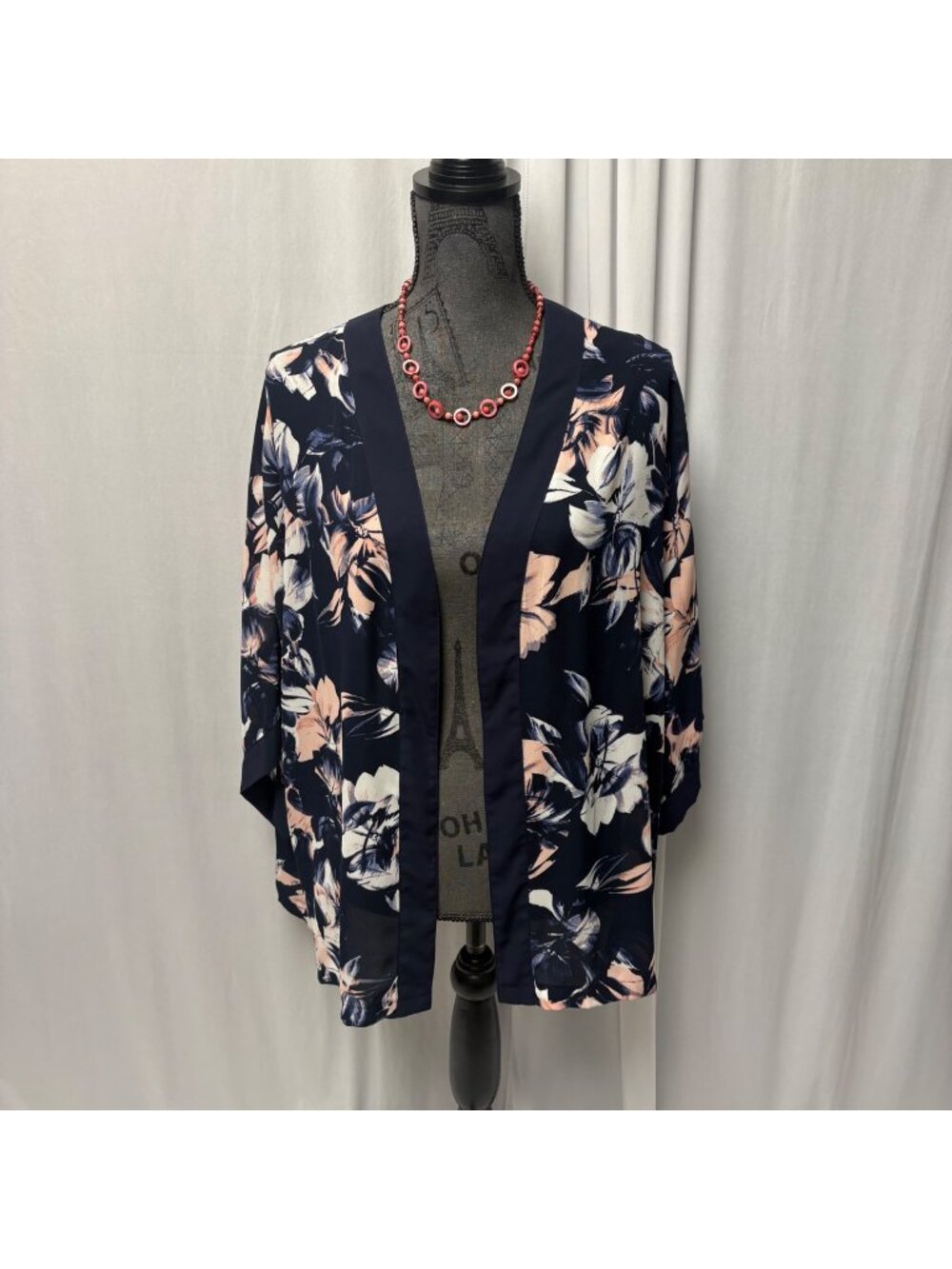 Nue Options Open-Front Kimono Womens Petite Large Navy Pink Floral Lightweight